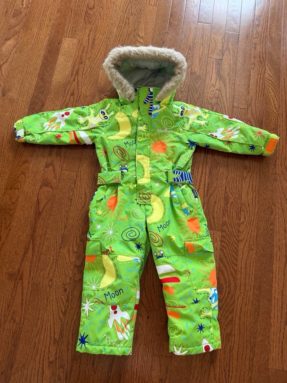 Kids Green Space-Print Snowsuit with Faux-Fur Hood